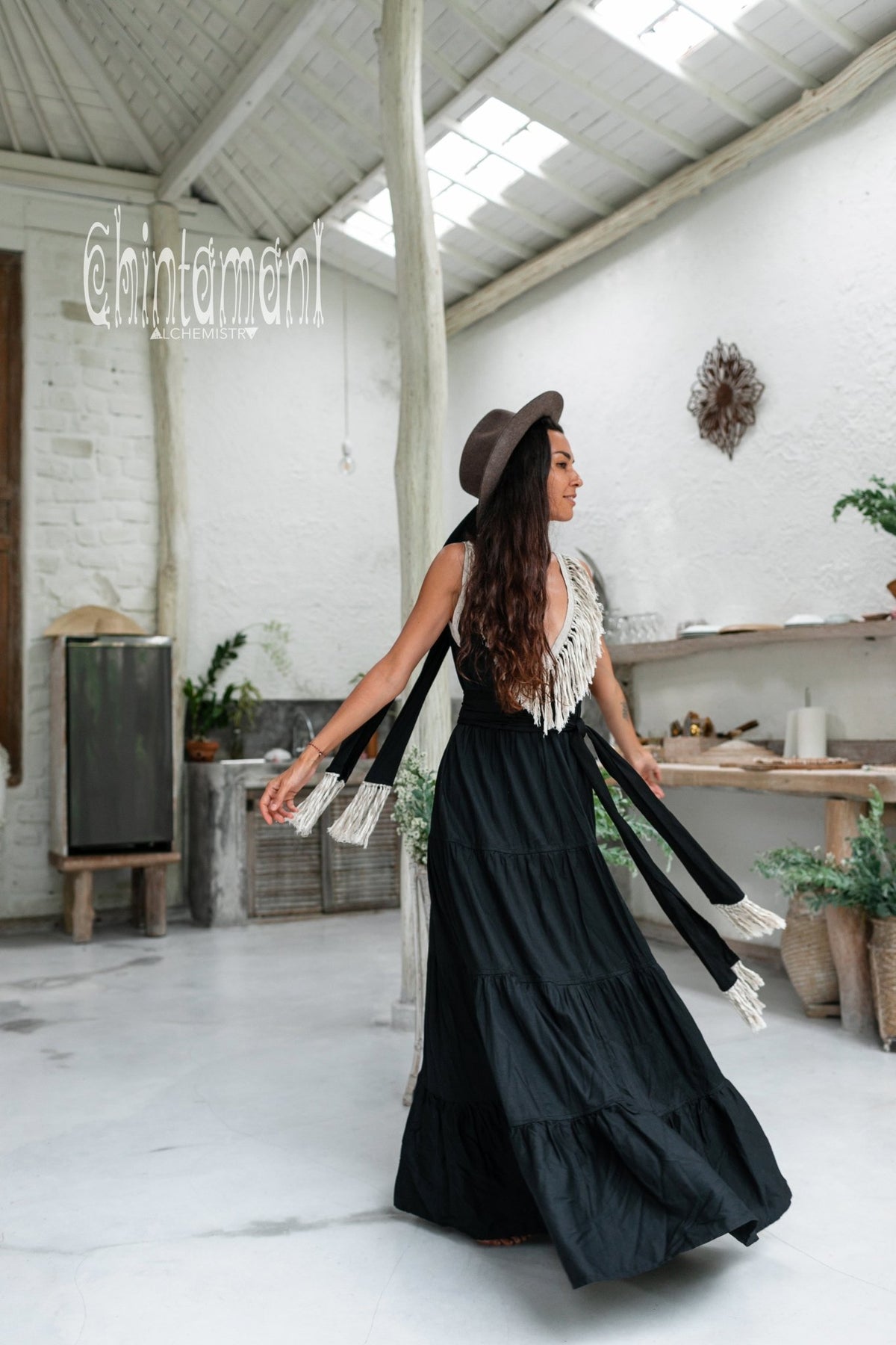 Bamboo Maxi Tiered Dress with Fringes / Black - ChintamaniAlchemi