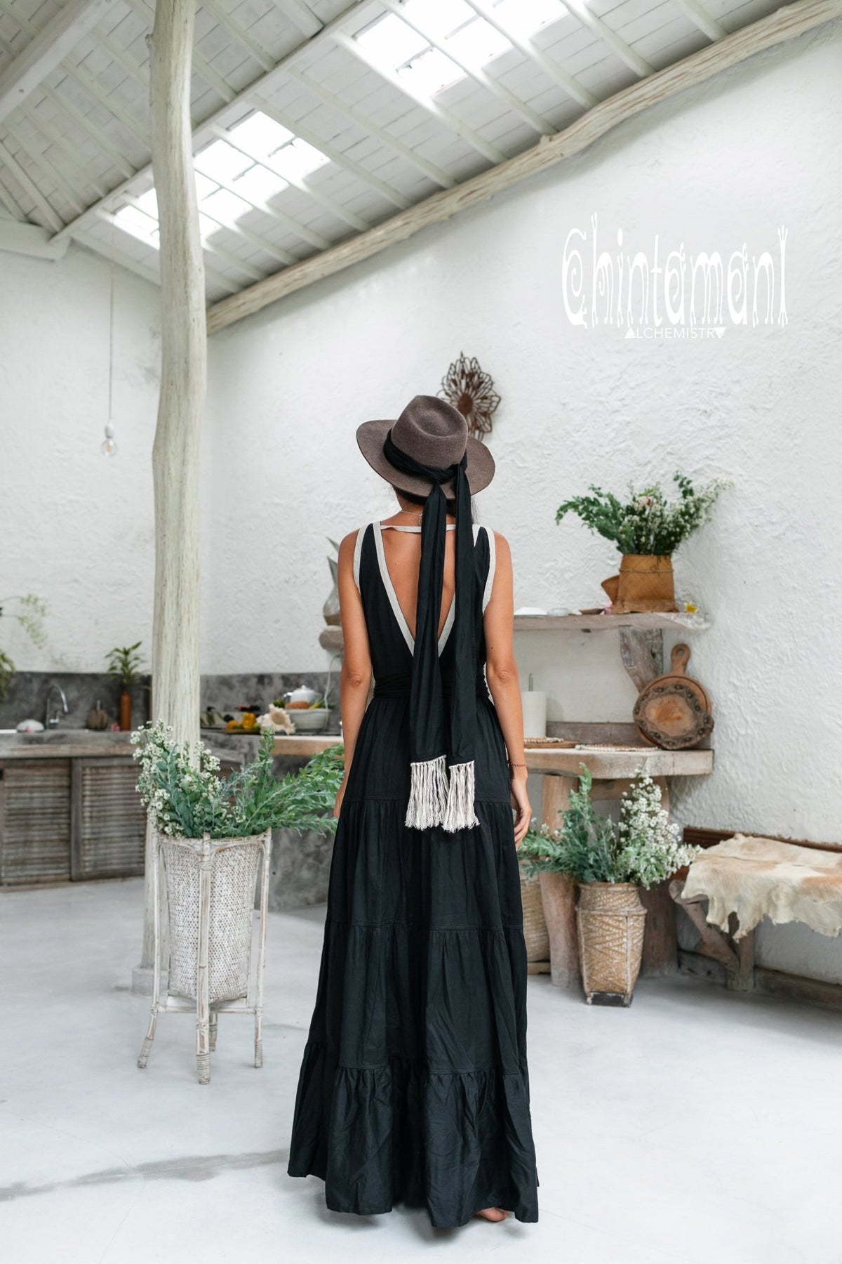 Bamboo Maxi Tiered Dress with Fringes / Black - ChintamaniAlchemi