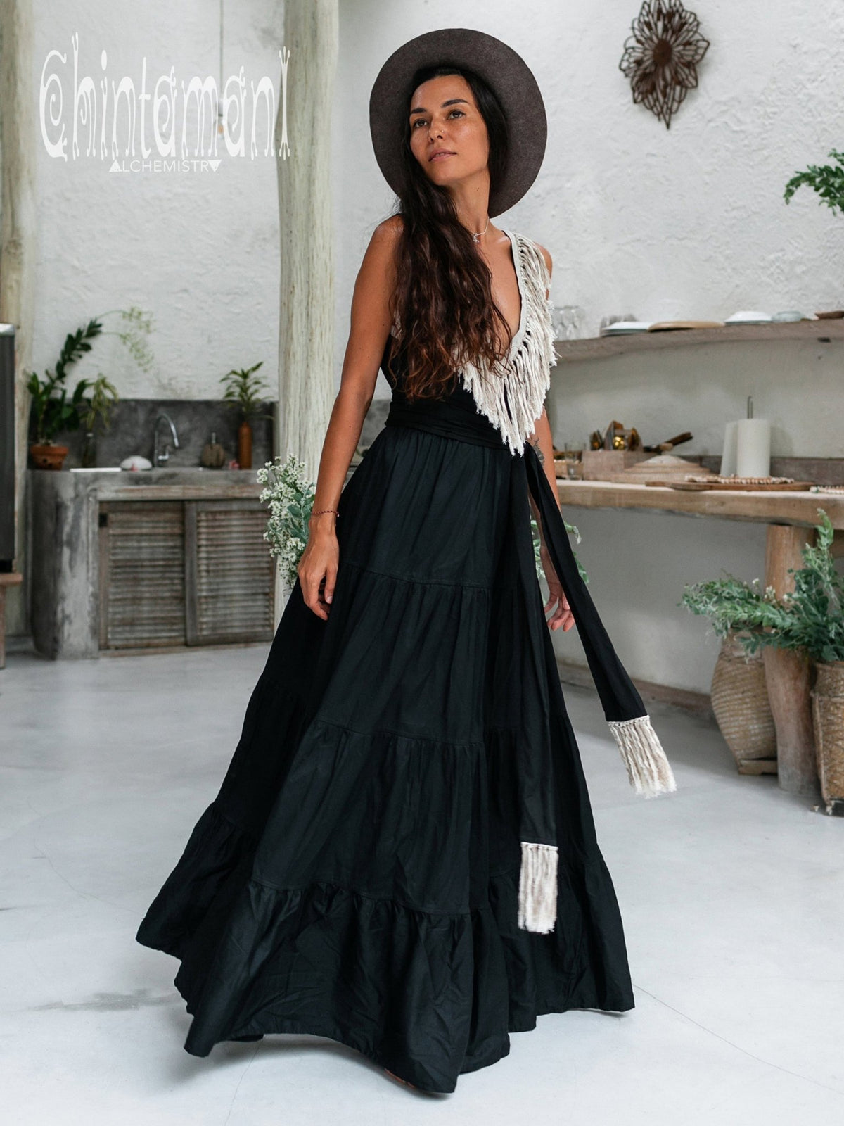 Bamboo Maxi Tiered Dress with Fringes / Black - ChintamaniAlchemi