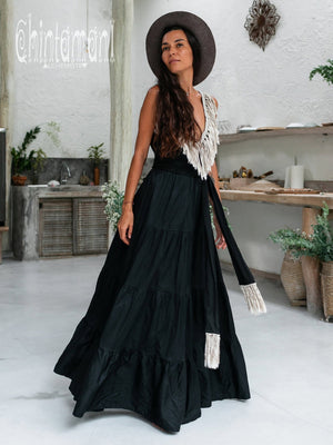 Bamboo Maxi Tiered Dress with Fringes / Black - ChintamaniAlchemi