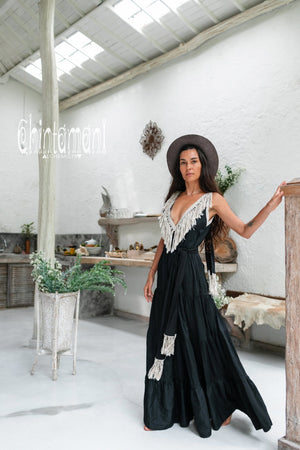 Bamboo Maxi Tiered Dress with Fringes / Black - ChintamaniAlchemi