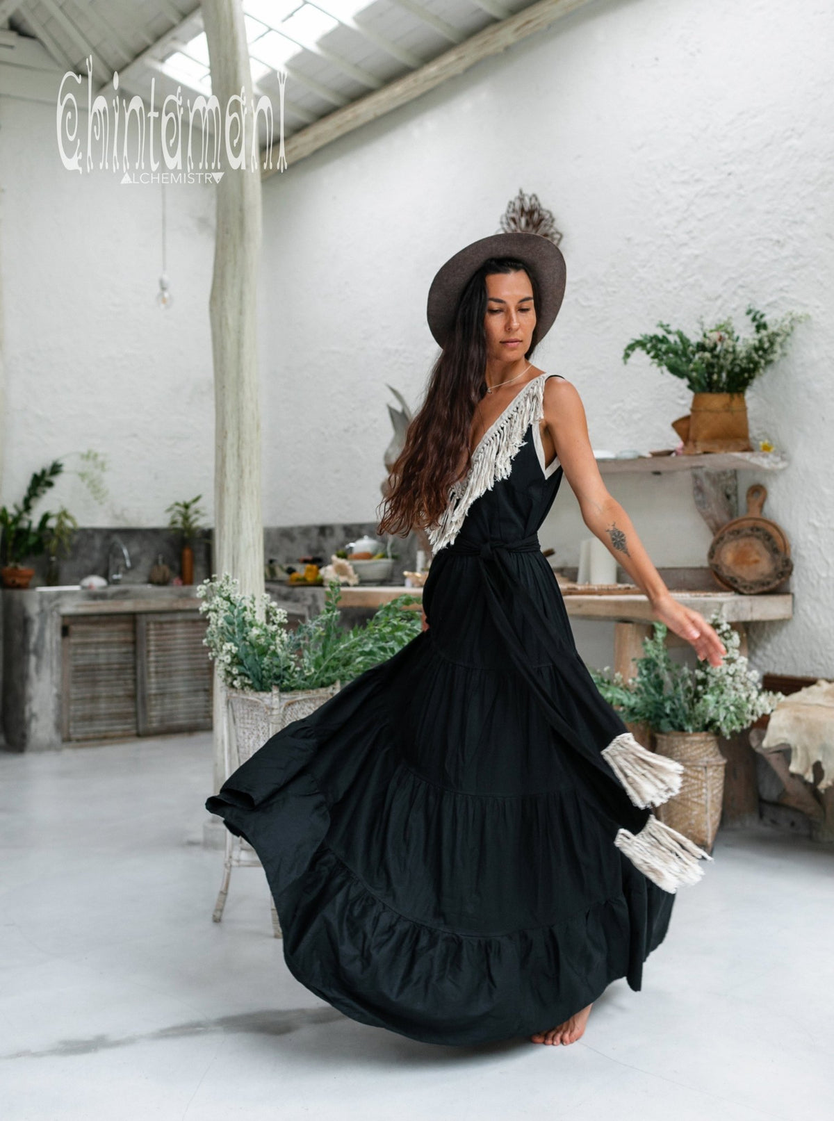 Bamboo Maxi Tiered Dress with Fringes / Black - ChintamaniAlchemi