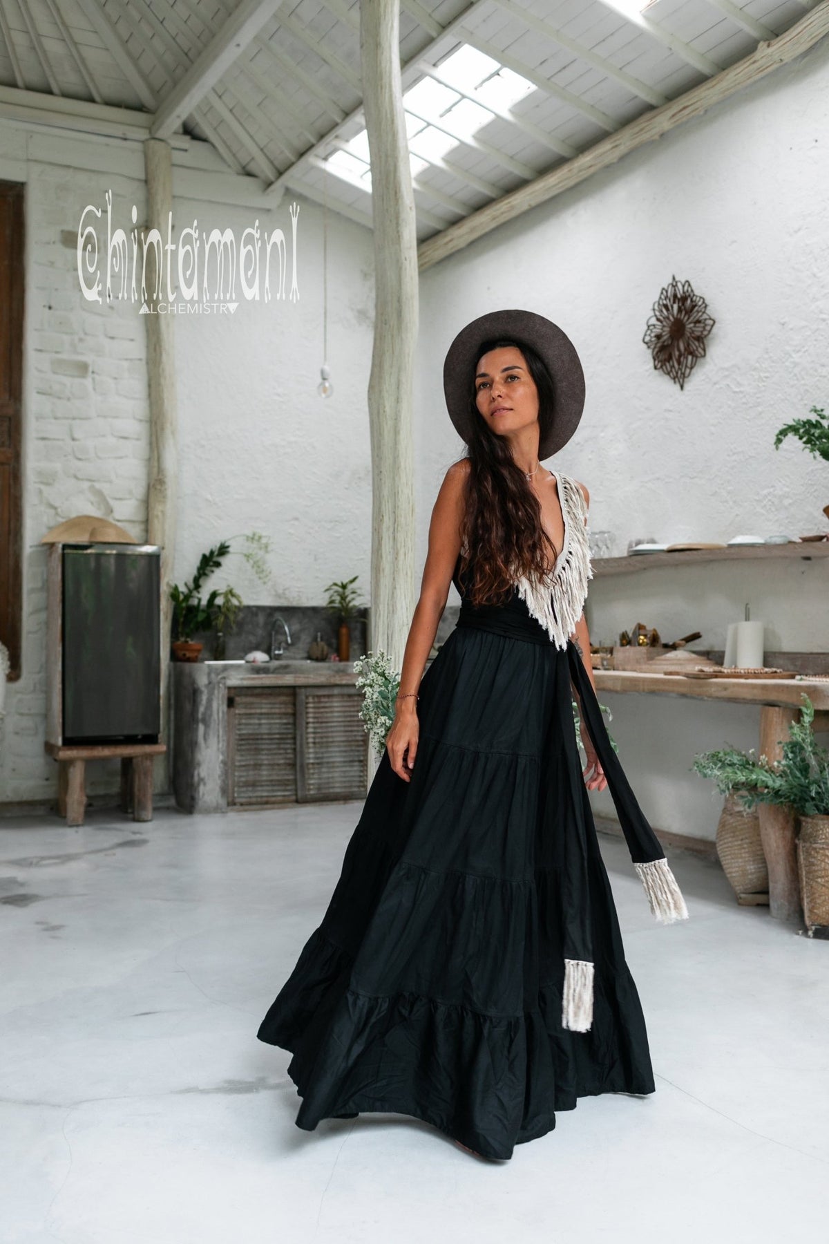 Bamboo Maxi Tiered Dress with Fringes / Black - ChintamaniAlchemi