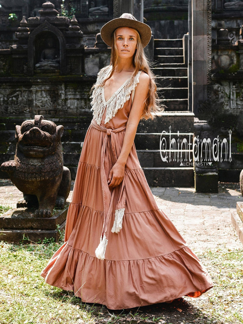 Bamboo Maxi Tiered Dress with Fringes / Dusty Pink - ChintamaniAlchemi