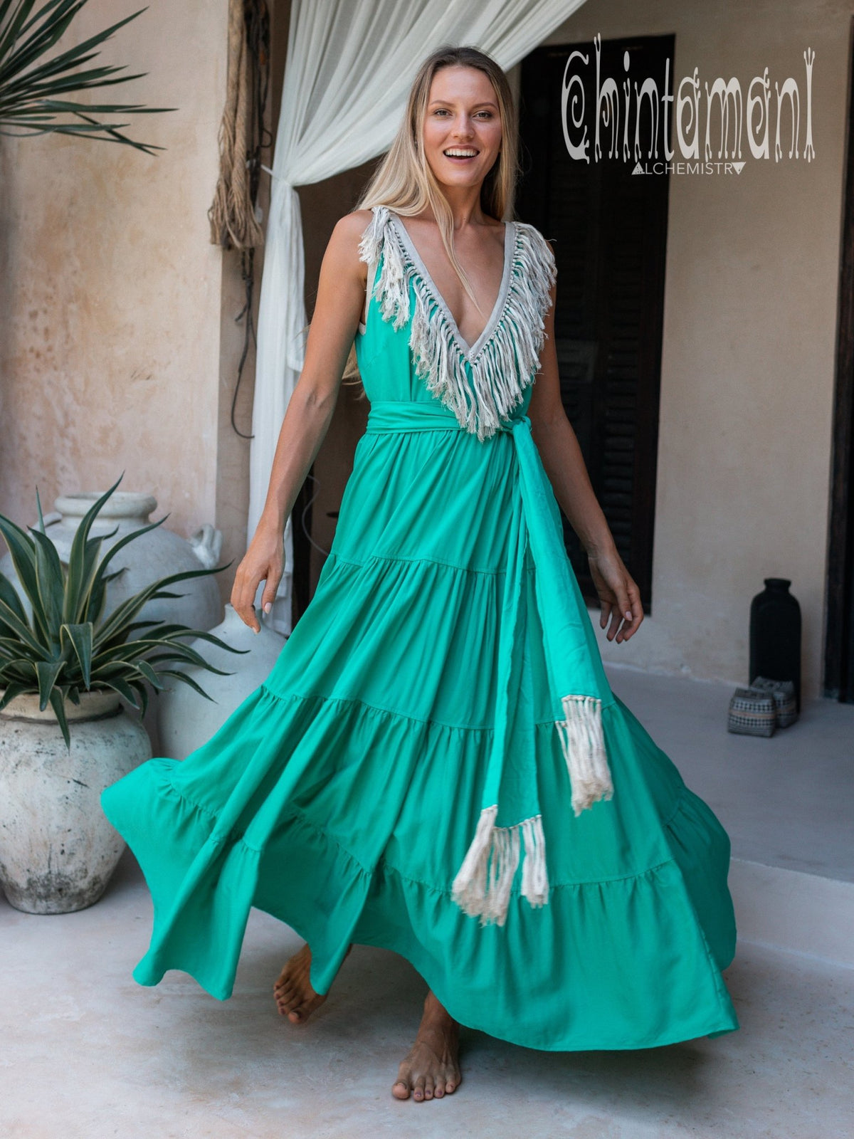 Bamboo Maxi Tiered Dress with Fringes / Green - ChintamaniAlchemi