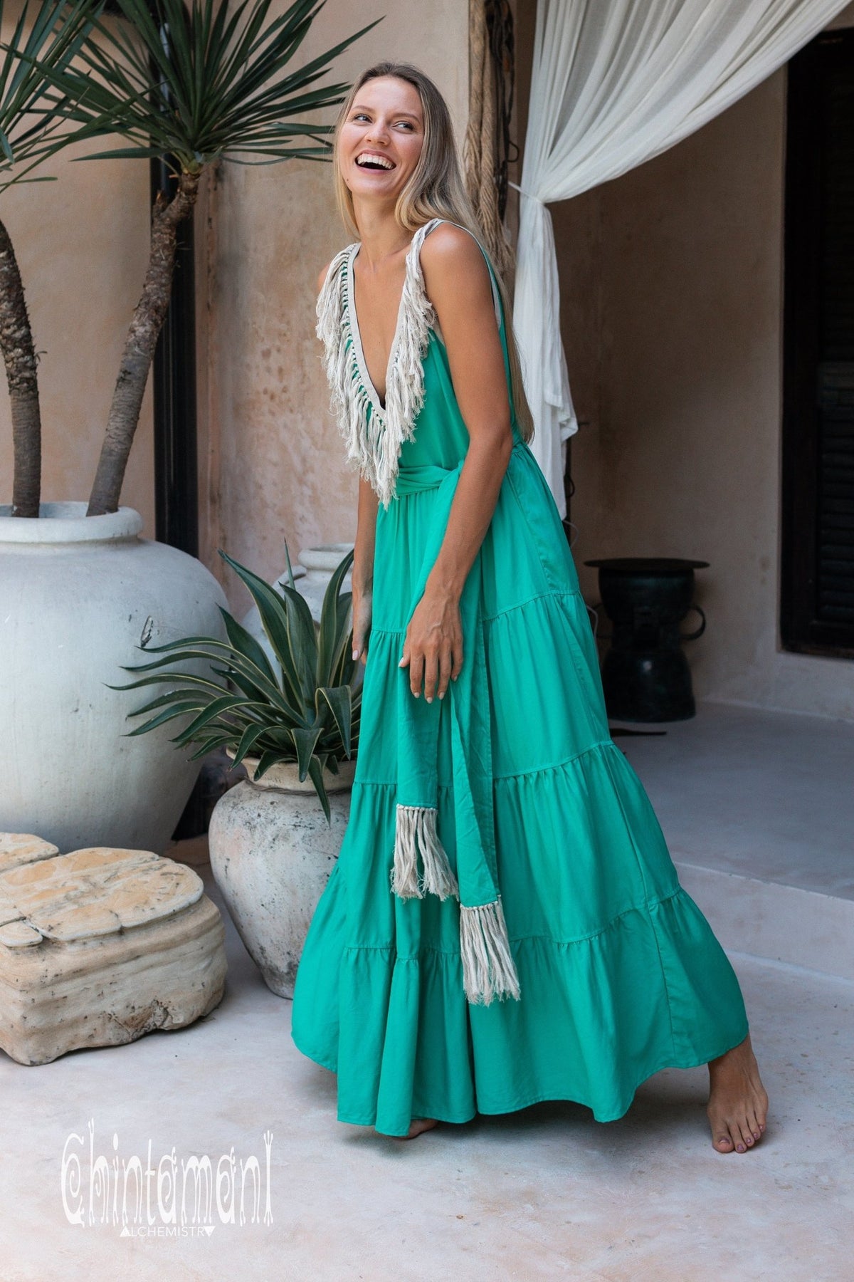 Bamboo Maxi Tiered Dress with Fringes / Green - ChintamaniAlchemi