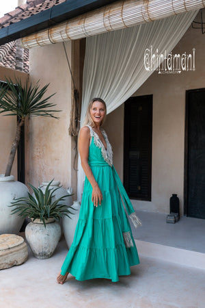 Bamboo Maxi Tiered Dress with Fringes / Green - ChintamaniAlchemi