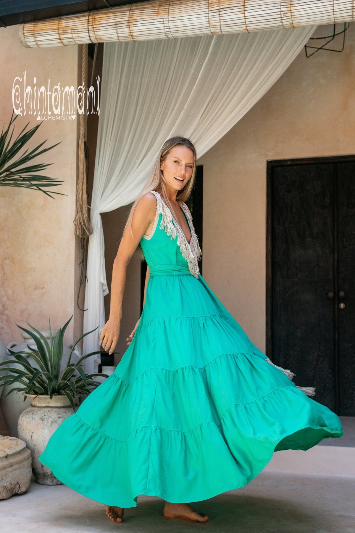 Bamboo Maxi Tiered Dress with Fringes / Green - ChintamaniAlchemi