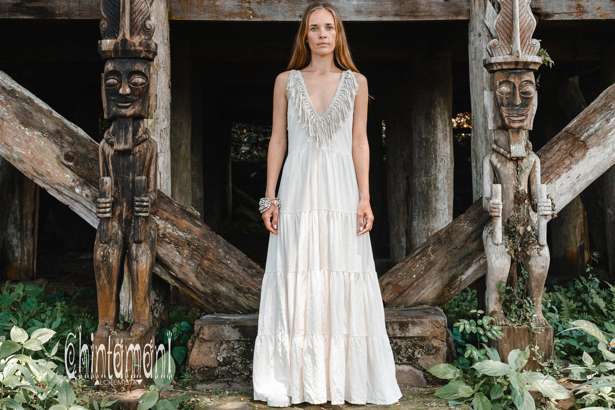 Bamboo Maxi Tiered Dress with Fringes / Off White - ChintamaniAlchemi