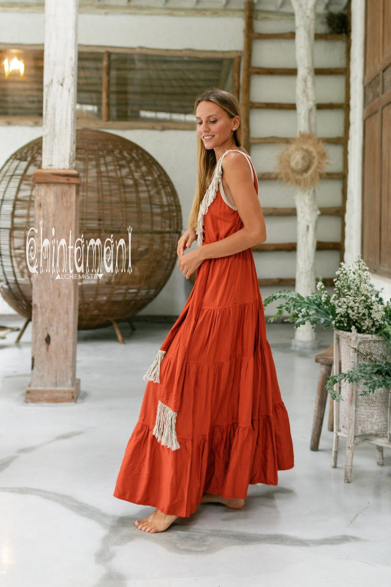 Bamboo Maxi Tiered Dress with Fringes / Red Ochre - ChintamaniAlchemi