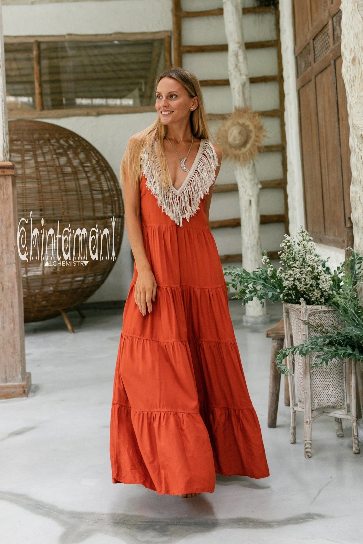 Bamboo Maxi Tiered Dress with Fringes / Red Ochre - ChintamaniAlchemi