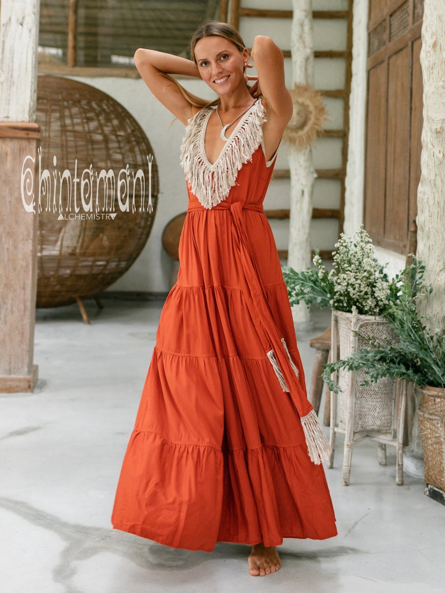 Bamboo Maxi Tiered Dress with Fringes / Red Ochre - ChintamaniAlchemi