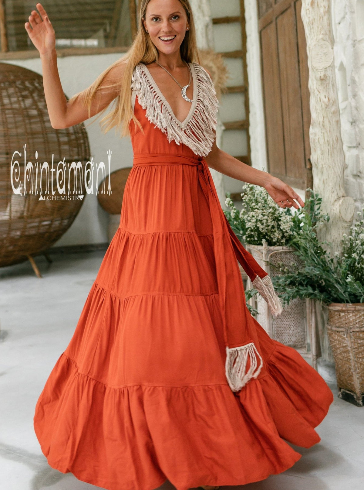 Bamboo Maxi Tiered Dress with Fringes / Red Ochre - ChintamaniAlchemi