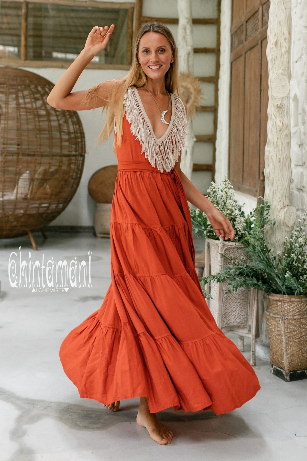 Bamboo Maxi Tiered Dress with Fringes / Red Ochre - ChintamaniAlchemi