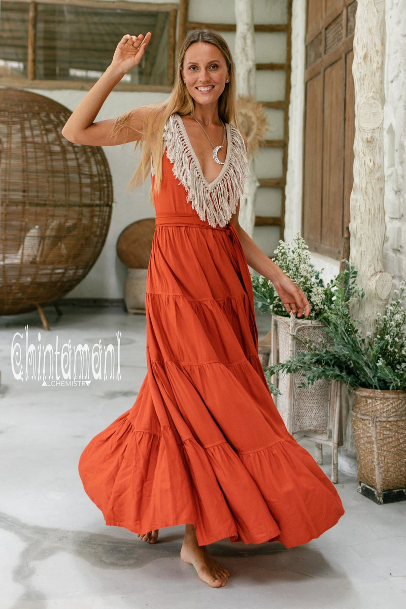 Bamboo Maxi Tiered Dress with Fringes / Red Ochre - ChintamaniAlchemi