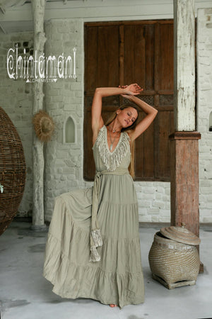 Bamboo Maxi Tiered Dress with Fringes / Sage Green - ChintamaniAlchemi
