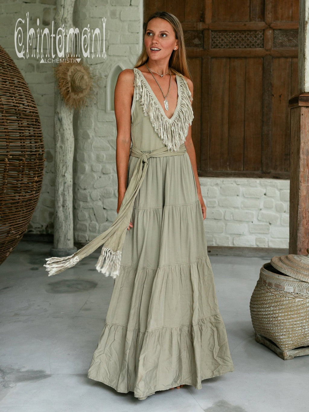 Bamboo Maxi Tiered Dress with Fringes / Sage Green - ChintamaniAlchemi