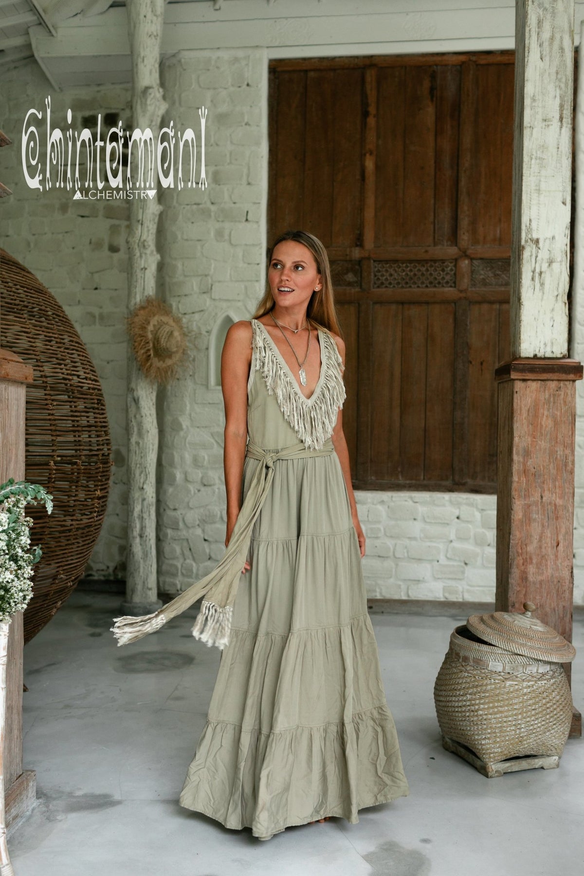 Bamboo Maxi Tiered Dress with Fringes / Sage Green - ChintamaniAlchemi