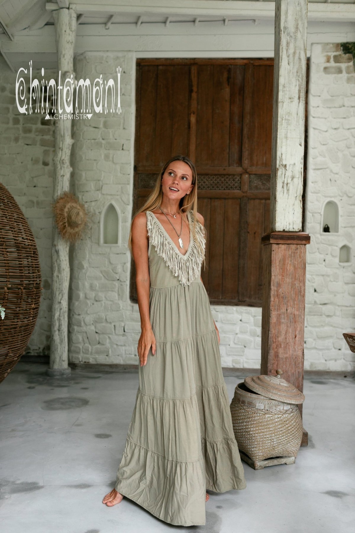 Bamboo Maxi Tiered Dress with Fringes / Sage Green - ChintamaniAlchemi