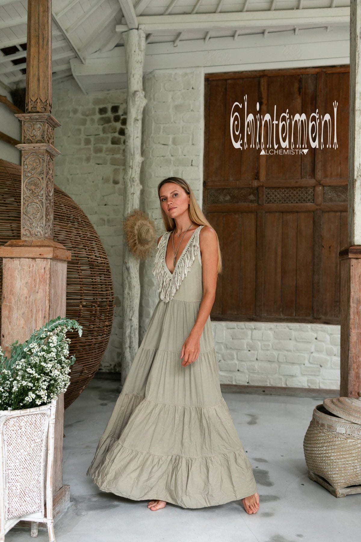 Bamboo Maxi Tiered Dress with Fringes / Sage Green - ChintamaniAlchemi