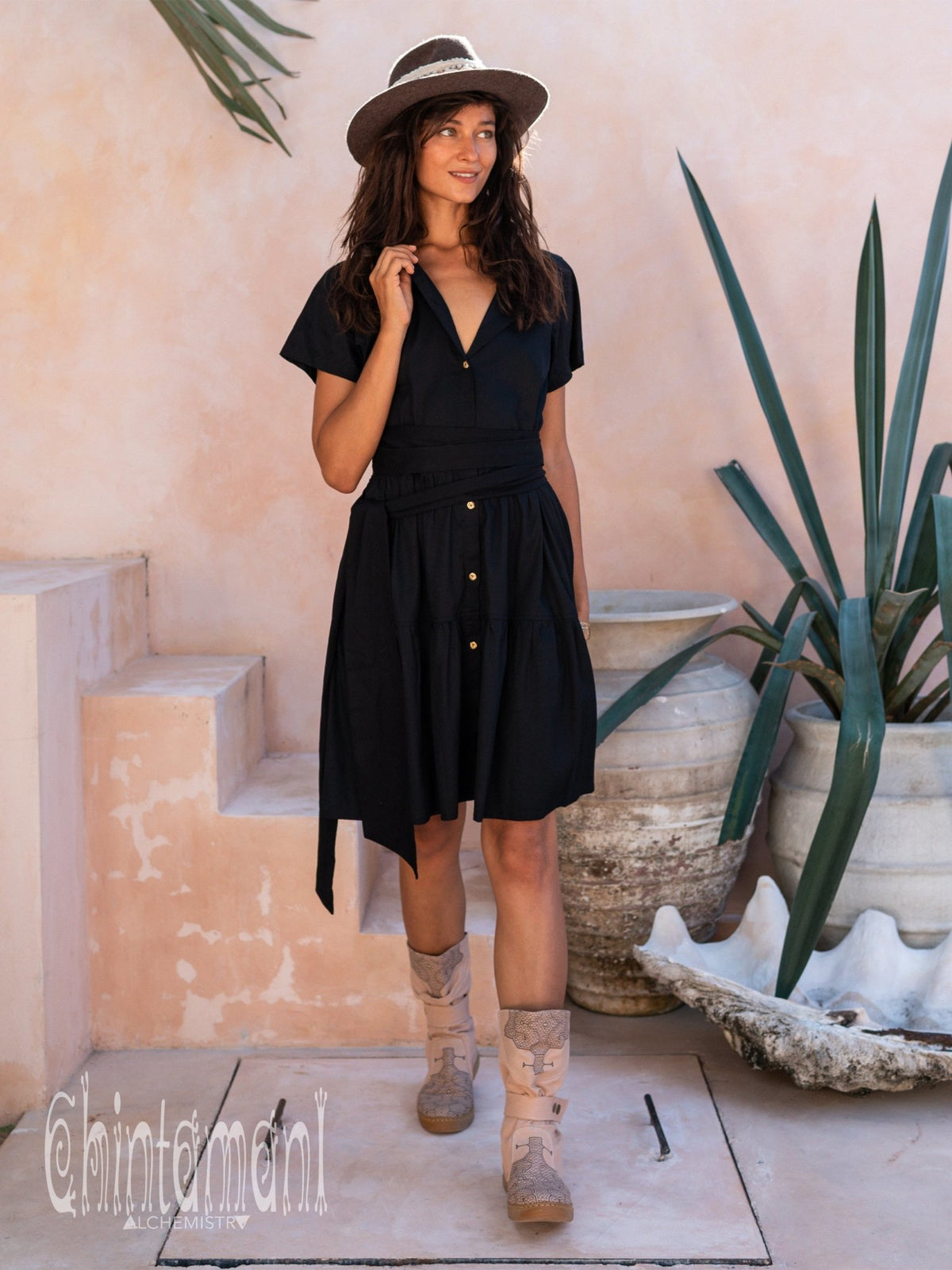 Bamboo Mini Shirt Dress / Black - ChintamaniAlchemi