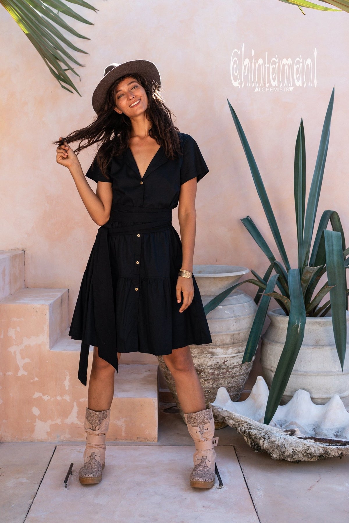 Bamboo Mini Shirt Dress / Black - ChintamaniAlchemi