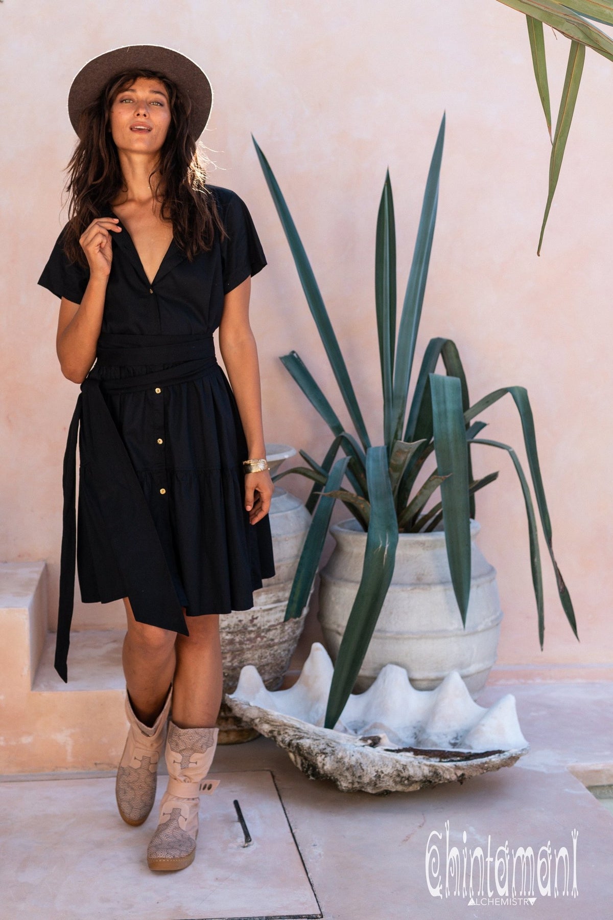 Bamboo Mini Shirt Dress / Black - ChintamaniAlchemi