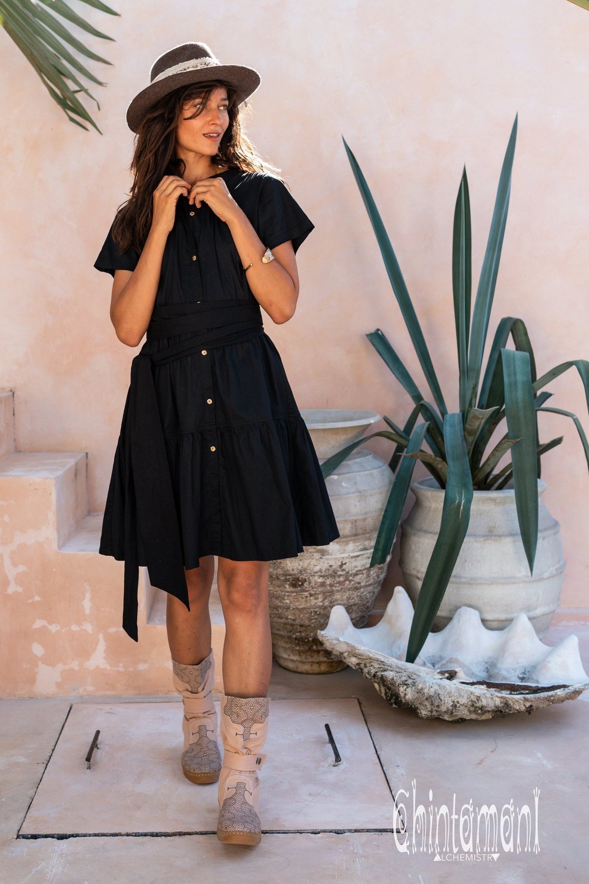 Bamboo Mini Shirt Dress / Black - ChintamaniAlchemi