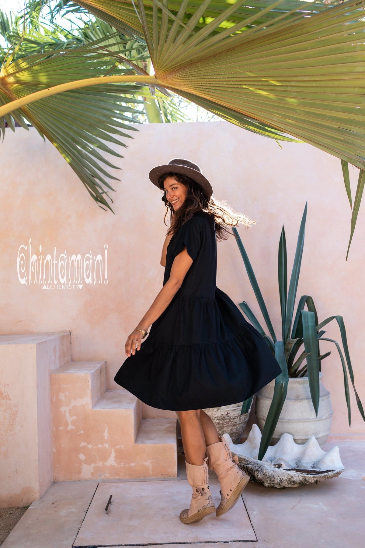 Bamboo Mini Shirt Dress / Black - ChintamaniAlchemi