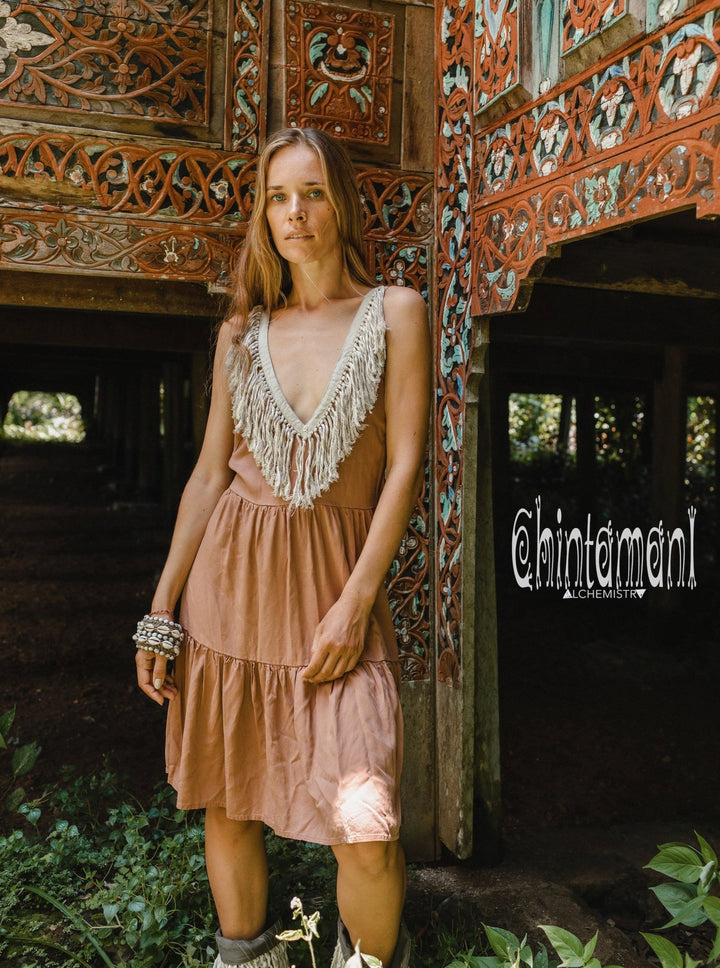 Bamboo Tiered Midi Dress with Fringes / Dusty Pink - ChintamaniAlchemi