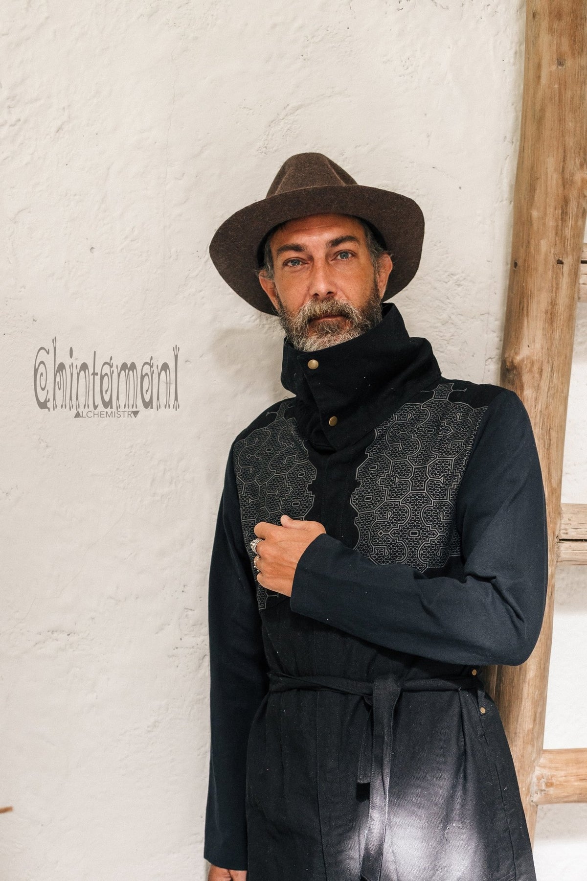 Black Cotton Canvas Mens Coat / Nomad Boho Cardigan Jacket with Shipibo Print - ChintamaniAlchemi