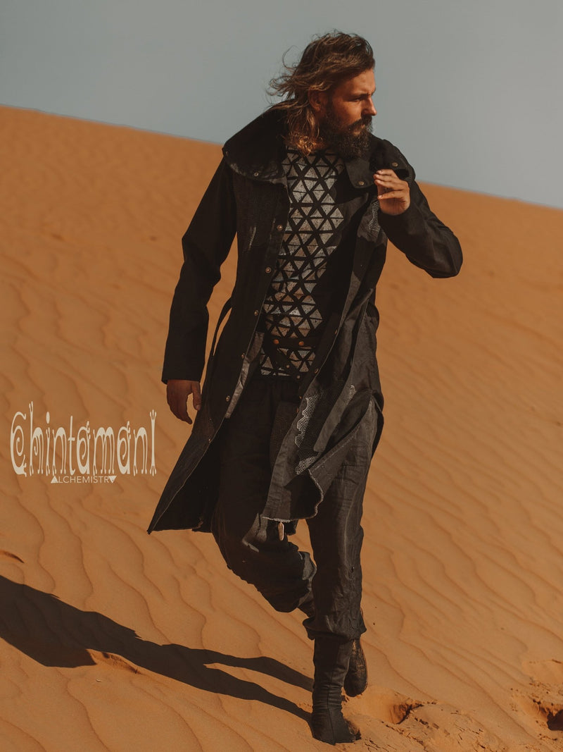 Black Cotton Canvas Mens Coat / Nomad Boho Cardigan Jacket with Shipibo Print - ChintamaniAlchemi