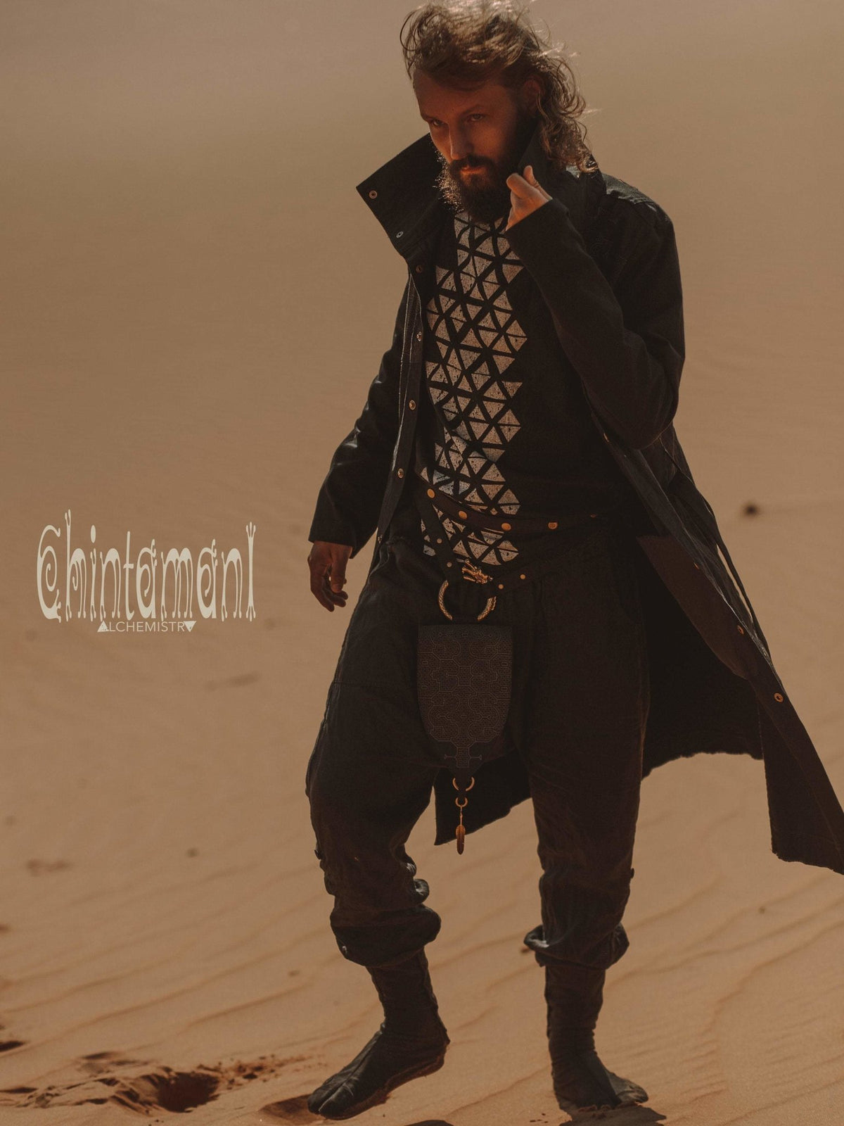 Black Cotton Canvas Mens Coat / Nomad Boho Cardigan Jacket with Shipibo Print - ChintamaniAlchemi