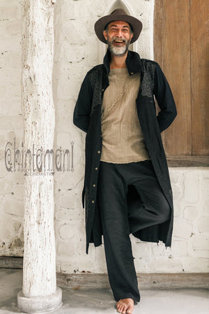 Black Cotton Canvas Mens Coat / Nomad Boho Cardigan Jacket with Shipibo Print - ChintamaniAlchemi