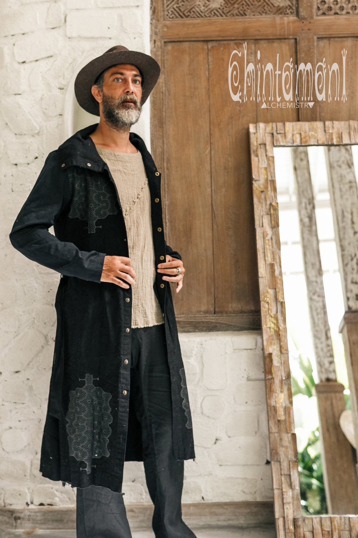 Black Cotton Canvas Mens Coat / Nomad Boho Cardigan Jacket with Shipibo Print - ChintamaniAlchemi