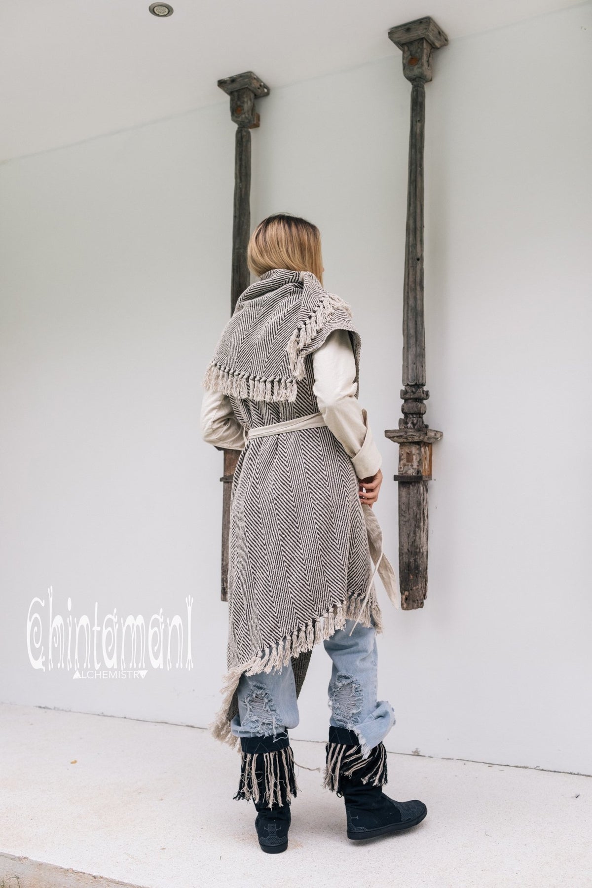 Blanket Coat for Women ∆ One Size Boho Cardigan Duster / Black &amp; White - ChintamaniAlchemi