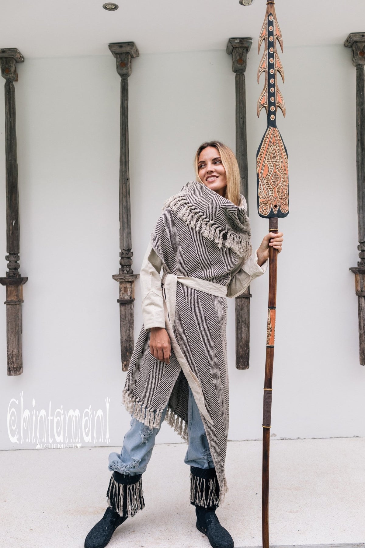 Blanket Coat for Women ∆ One Size Boho Cardigan Duster / Black &amp; White - ChintamaniAlchemi