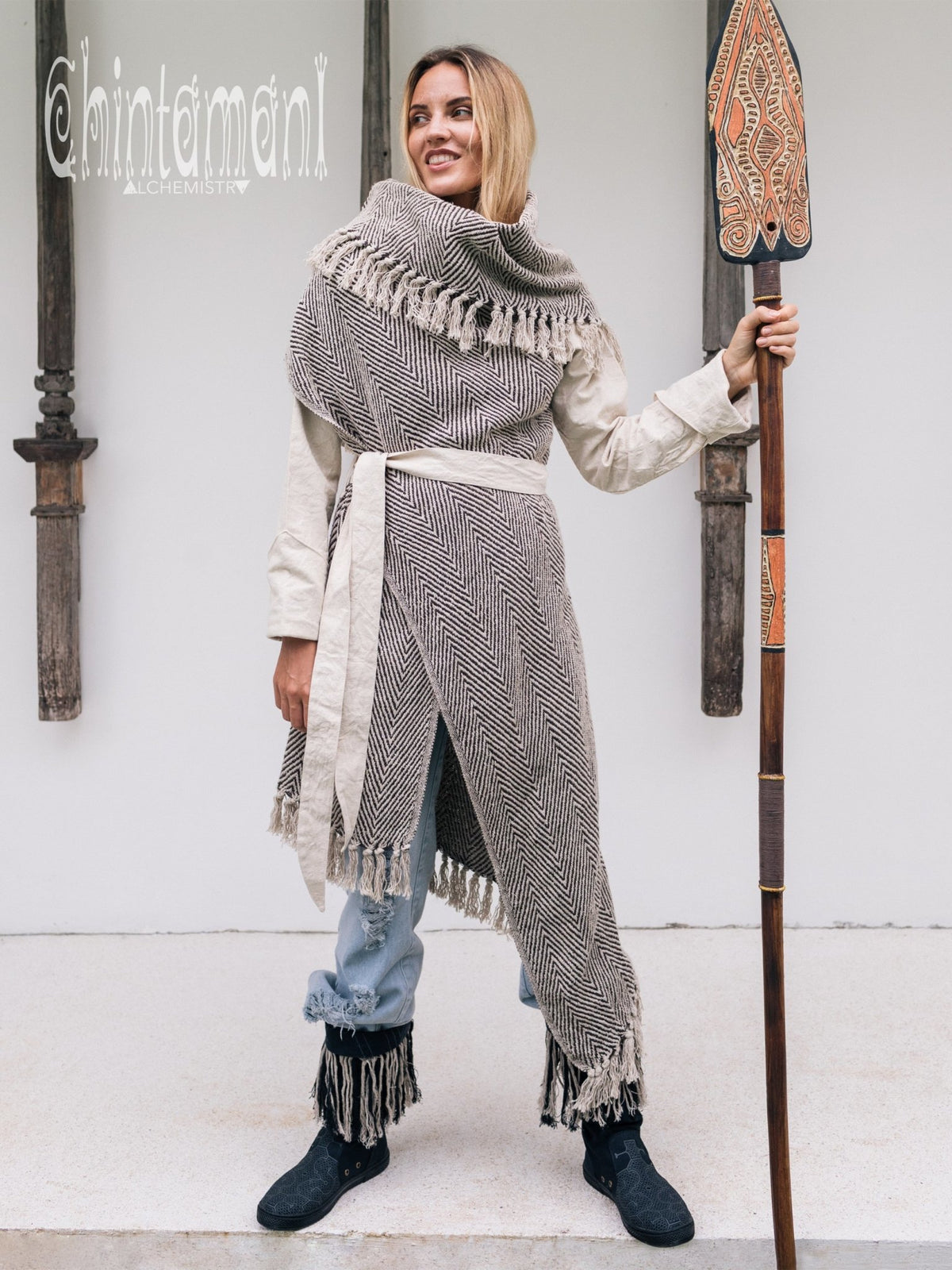 Blanket Coat for Women ∆ One Size Boho Cardigan Duster / Black &amp; White - ChintamaniAlchemi