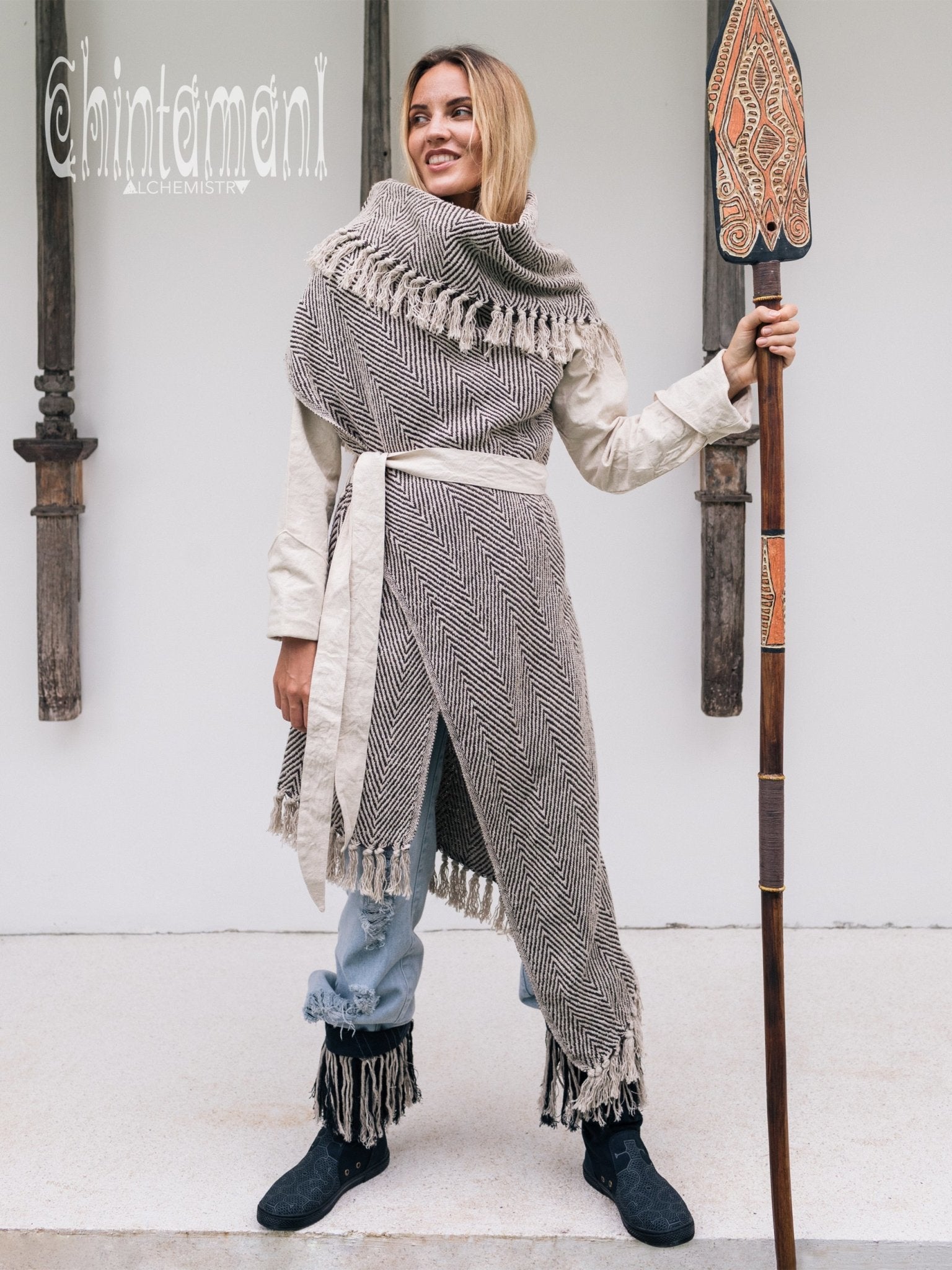 Blanket Coat for Women ∆ One Size Boho Cardigan Duster / Black & White - ChintamaniAlchemi