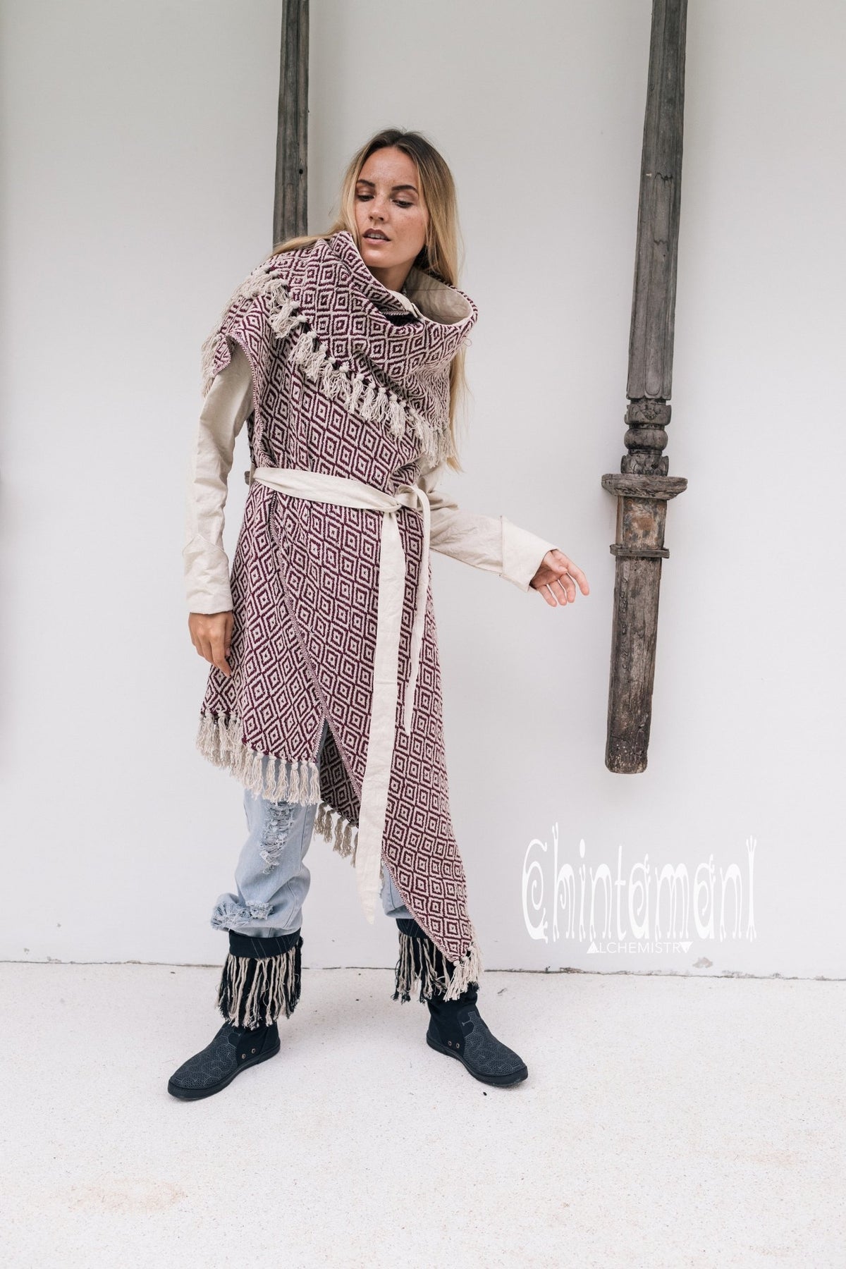 Blanket Coat for Women ∆ One Size Boho Cardigan Duster / Red &amp; White - ChintamaniAlchemi