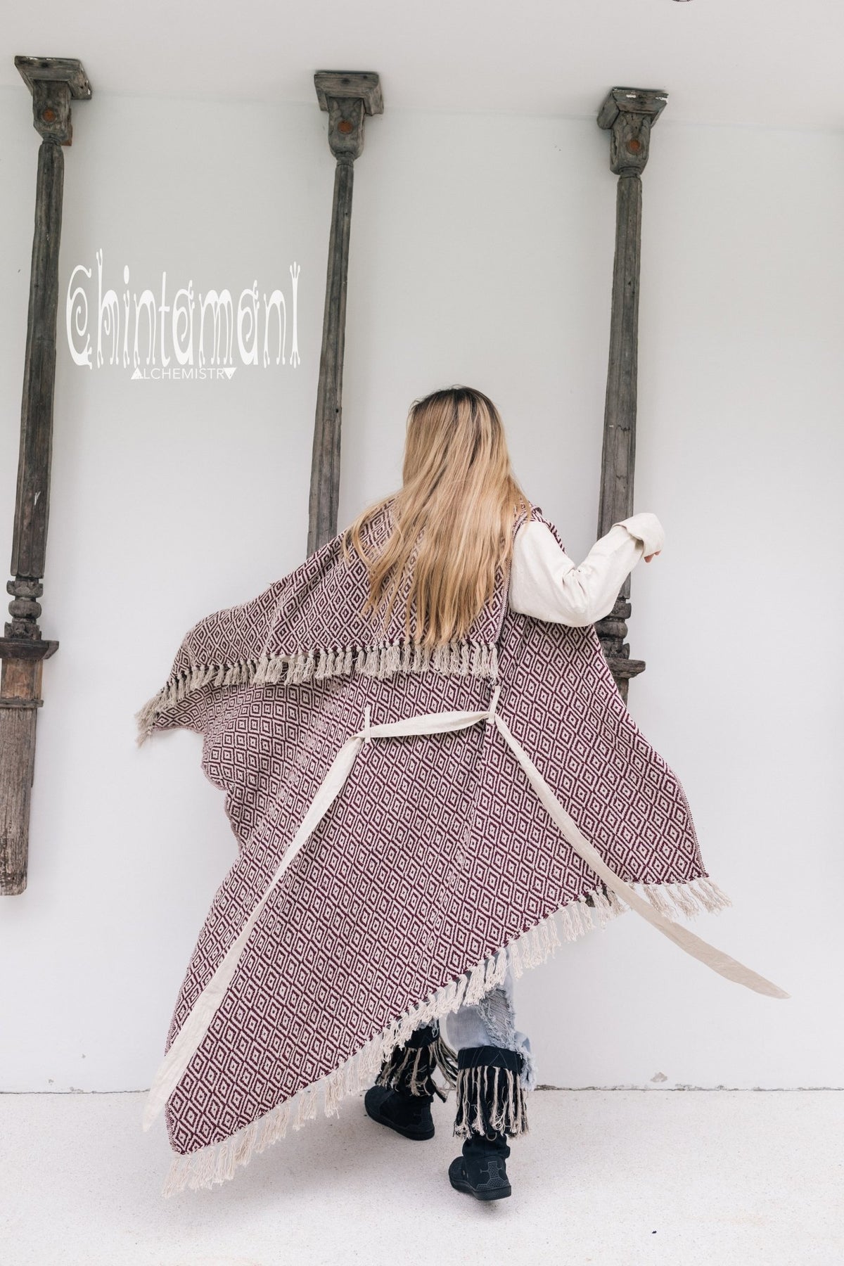 Blanket Coat for Women ∆ One Size Boho Cardigan Duster / Red &amp; White - ChintamaniAlchemi