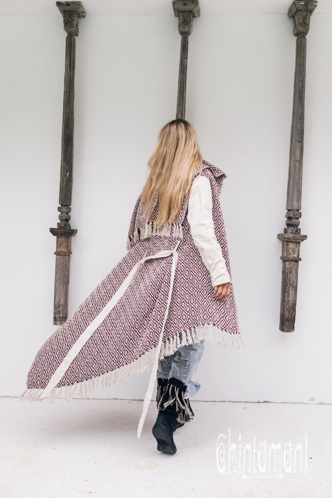 Blanket Coat for Women ∆ One Size Boho Cardigan Duster / Red & White - ChintamaniAlchemi
