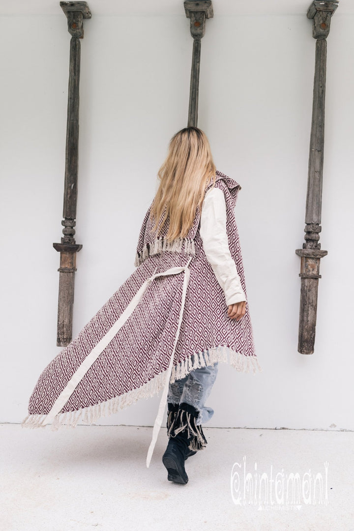 Blanket Coat for Women ∆ One Size Boho Cardigan Duster / Red & White - ChintamaniAlchemi