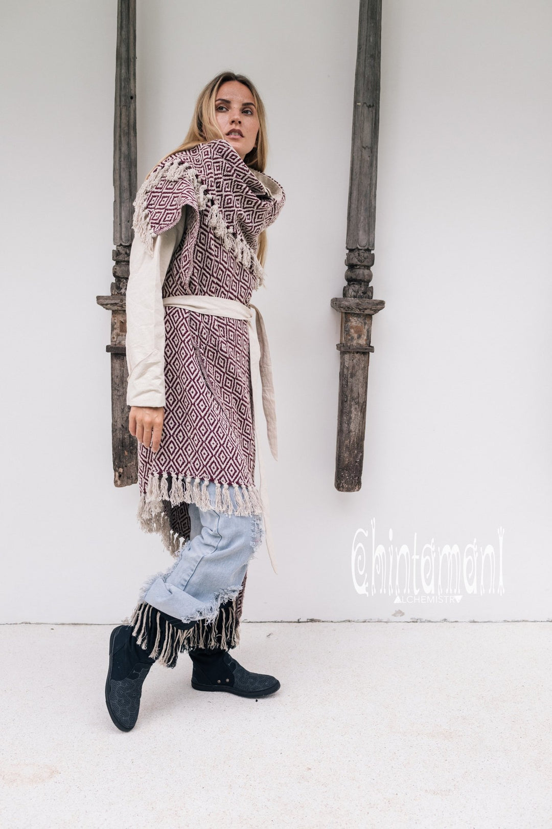 Blanket Coat for Women ∆ One Size Boho Cardigan Duster / Red & White - ChintamaniAlchemi