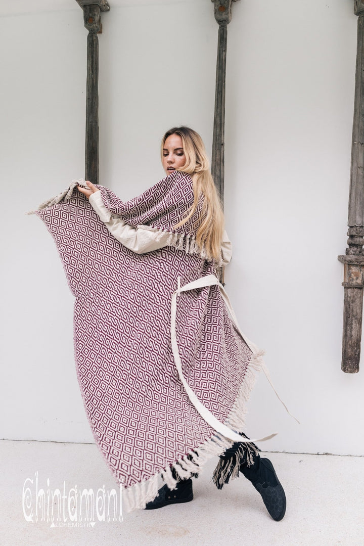 Blanket Coat for Women ∆ One Size Boho Cardigan Duster / Red & White - ChintamaniAlchemi