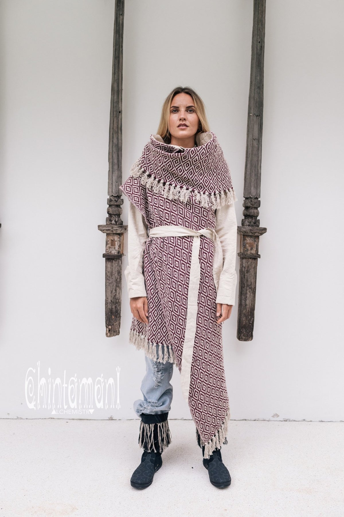 Blanket Coat for Women ∆ One Size Boho Cardigan Duster / Red &amp; White - ChintamaniAlchemi