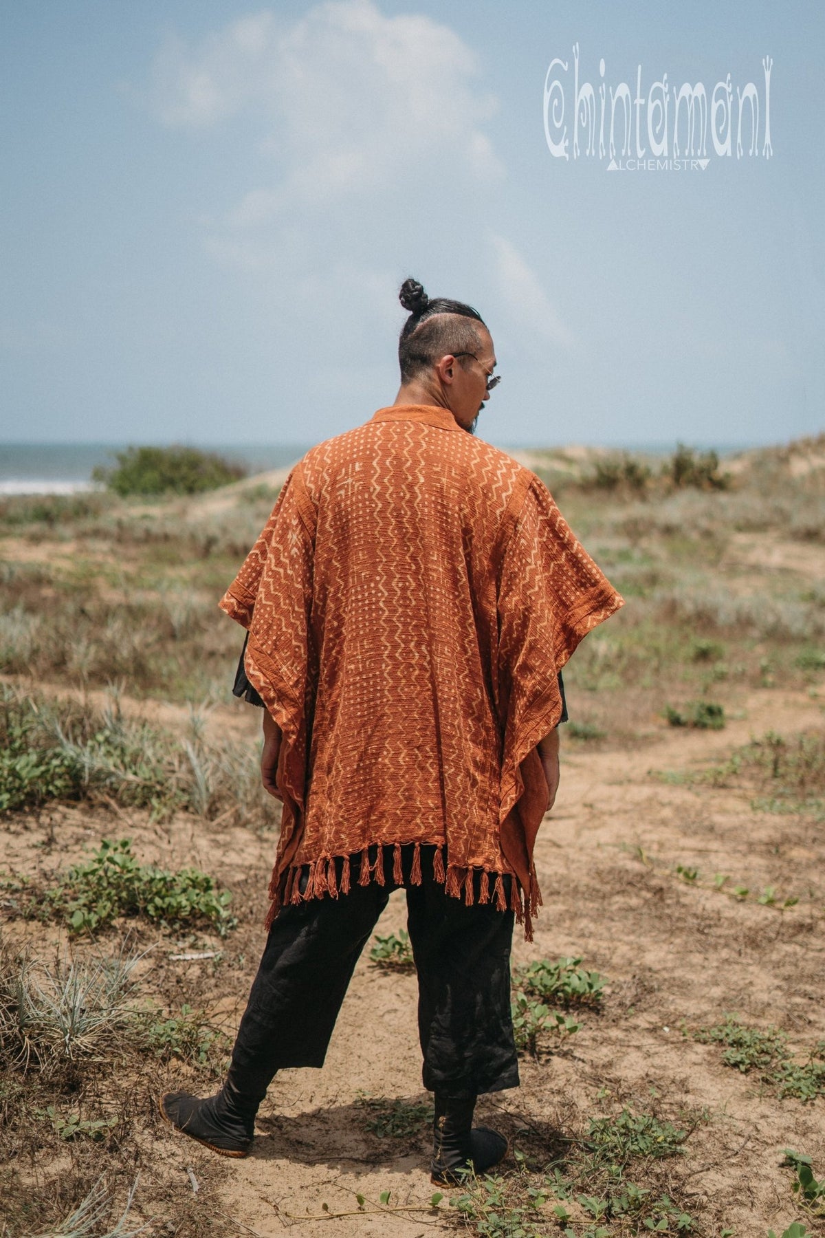 Blanket Poncho with Block Print for Men / Rust - ChintamaniAlchemi