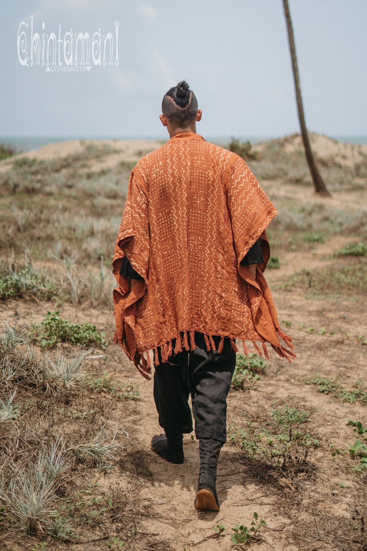 Blanket Poncho with Block Print for Men / Rust - ChintamaniAlchemi