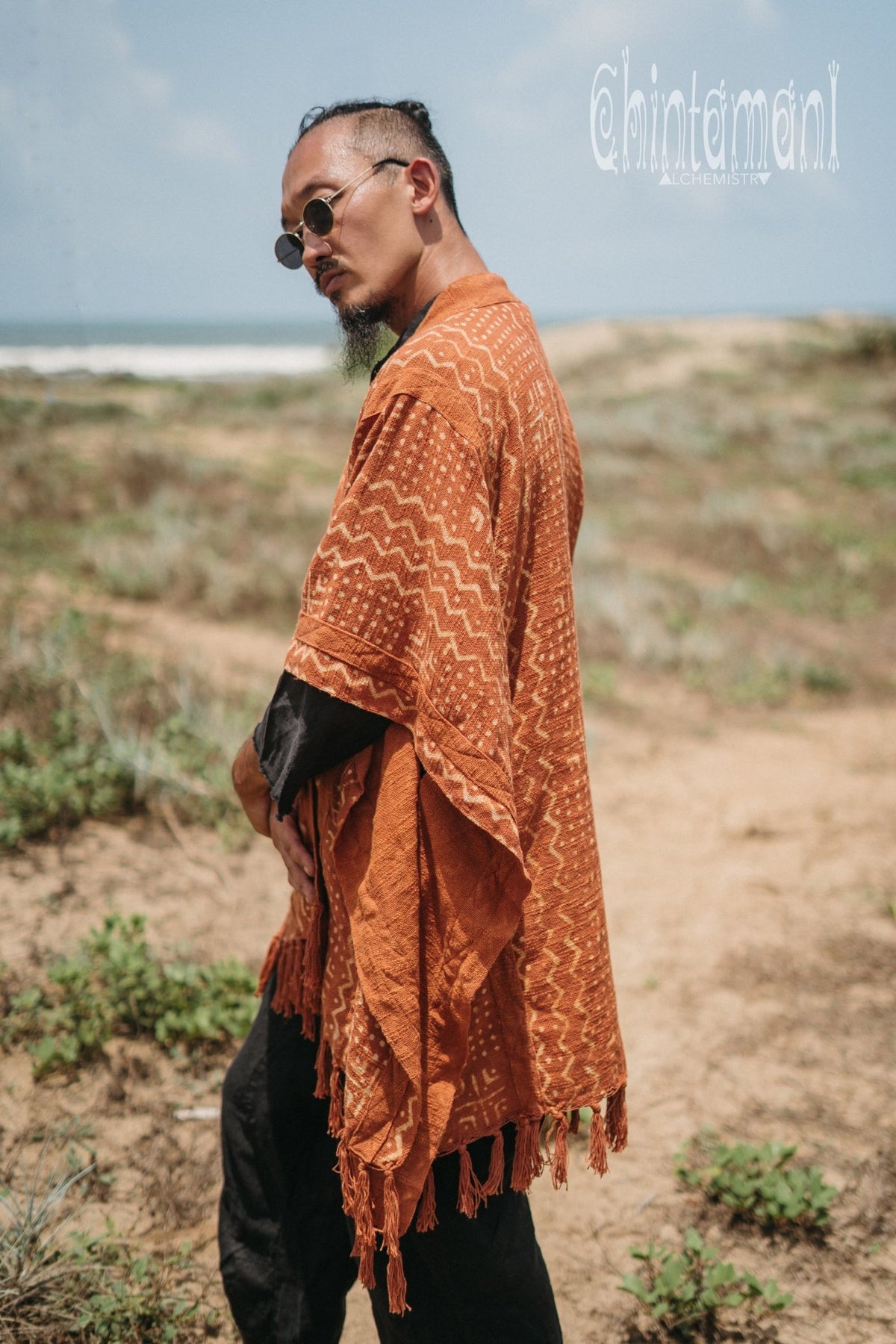 Blanket Poncho with Block Print for Men / Rust - ChintamaniAlchemi