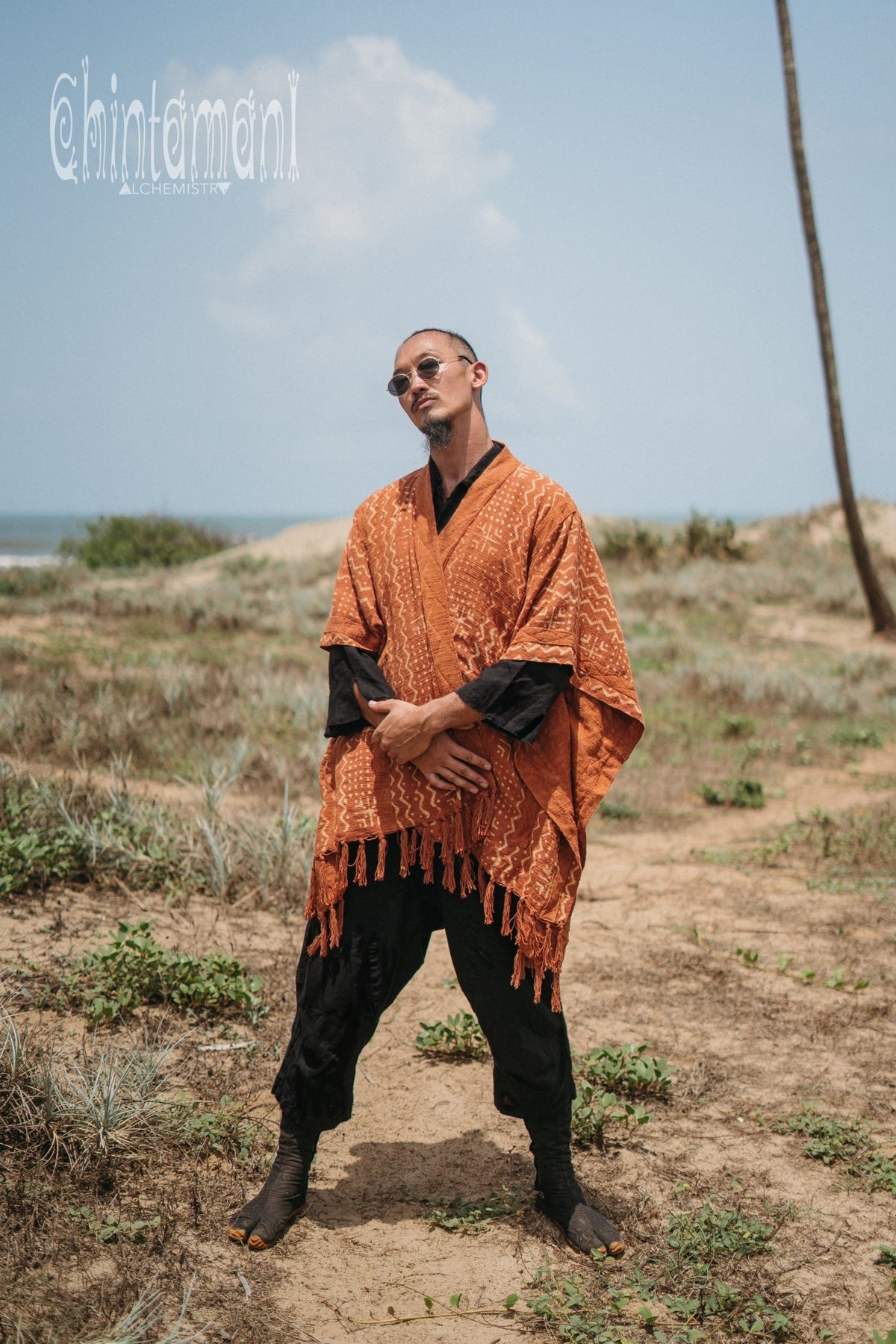 Blanket Poncho with Block Print for Men / Rust - ChintamaniAlchemi